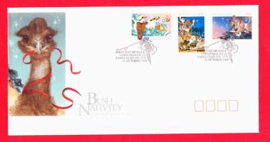 Australia - Ensipäiväkuori FDC - Bush Nativity/ Christmas 1990 - Eläinten (kenguru/koala/kookaburra) joulukuvaelma 31.10.1990.