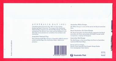 Australia - Ensipäiväkuori FDC -Australia Day - 4 eri lippua - laivasto, ilmavoimat ja kauppalaivasto. 10.1.1991.