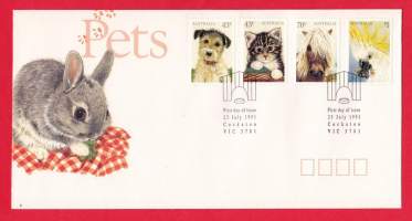 Australia - Ensipäiväkuori FDC - Pets /Lemmikkieläimiä -koiranpentu, kissanpentu, Shetlandin poni, kakadu papukaija.25.7.1991.
