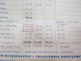 Area Matkatoimisto - Maatkasuunnitelma insinööri J.S. 4.9.-29.9.1957, hotellikuitit, postikortteja Glasgow´n opas, 2 kpl menua, joista toinen lähetetty kotiin