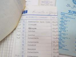 Area Matkatoimisto - Maatkasuunnitelma insinööri J.S. 4.9.-29.9.1957, hotellikuitit, postikortteja Glasgow´n opas, 2 kpl menua, joista toinen lähetetty kotiin