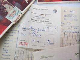 Area Matkatoimisto - Maatkasuunnitelma insinööri J.S. 4.9.-29.9.1957, hotellikuitit, postikortteja Glasgow´n opas, 2 kpl menua, joista toinen lähetetty kotiin