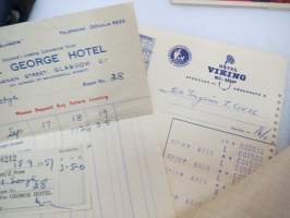 Area Matkatoimisto - Maatkasuunnitelma insinööri J.S. 4.9.-29.9.1957, hotellikuitit, postikortteja Glasgow´n opas, 2 kpl menua, joista toinen lähetetty kotiin