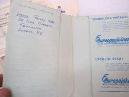Area Matkatoimisto - Maatkasuunnitelma insinööri J.S. 4.9.-29.9.1957, hotellikuitit, postikortteja Glasgow´n opas, 2 kpl menua, joista toinen lähetetty kotiin