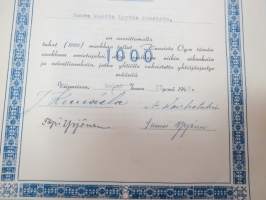 Kuusisto Oy, Viipuri 1942, 1 000 mk, nr 35, Rouva Martta Lyydia Kuusisto -osakekirja / share certificate