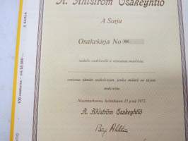 A. Ahlström Osakeyhtiö, Noormarkku 1972, B-sarja BU 10 osaketta á 500 mk = 5 000 mk -osakekirja -share certificate