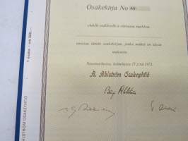 A. Ahlström Osakeyhtiö, Noormarkku 1972, A-sarja AU 1 osake á 500 mk = 500 mk -osakekirja -share certificate
