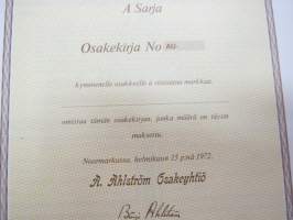 A. Ahlström Osakeyhtiö, Noormarkku 1972, A-sarja AU 10 osaketta á 500 mk = 5 000 mk -osakekirja -share certificate