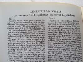 Tikkurilan Viesti 1935 nr 1 -asiakaslehti, sisältää mm. asiapitoisia ammattiartikkeleita maalaus- suojaus- ja pinnoitustöistä ja materiaaleista -customer