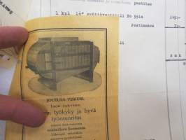 Keskusosuusliike Hankkija, Helsinki 11.8.1923 - Sauvon ja Karunan Osuusmeijeri -asiakirja, mukaan liimattu viskuri Joutusa / viljanlajittelija Triumf esite