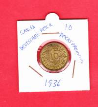 Kolikko Saksa Deutsches Reich 10 Reichspfennig 1936 AAlumiinipronssiPaino	4.0500gLäpimitta 	21mm