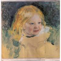 Taidejäljennos: Akseli Callen Kallela, Marjatta  tytär 1893. Sijainti Gallen Kallela museossa.  Kuvassa  on  taite  vasemman olkapään  kohdalla,