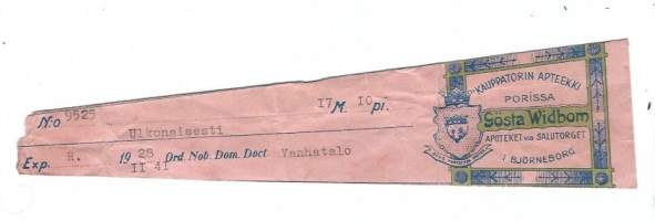 Kauppatorin Apteekki Porissa Gösta Widbom Pori  - resepti signatuuri  1941