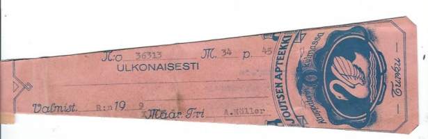Joutsen Apteekki  Turku  - resepti signatuuri  1943