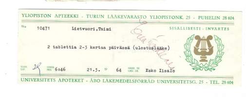 Yliopiston Apteekki Turun Lääkevarasto  Turku - resepti signatuuri  1964