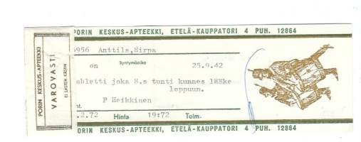 Porin Keskus.Apteekki  Pori  - resepti signatuuri  1972