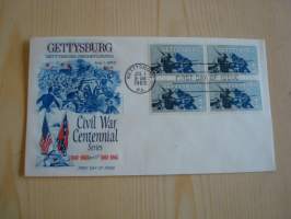 USA:n sisällissota, Gettysburg, 1963, USA, ensipäiväkuori, neljä postimerkkiä, hieno esim. lahjaksi. Katso myös muut kohteeni mm. noin 1 500 erilaista
