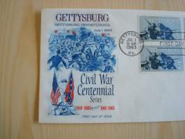 USA:n sisällissota, Gettysburg, 1963, USA, ensipäiväkuori, neljä postimerkkiä, hieno esim. lahjaksi. Katso myös muut kohteeni mm. noin 1 500 erilaista