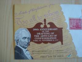 200th Anniversary of the Drafting of the Articles of Confederation, 1977, USA, ensipäiväkuori, kolme erilaista postimerkkiä, hieno esim. lahjaksi. Katso myös