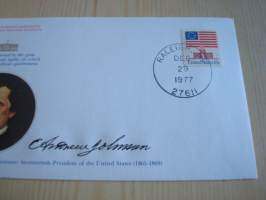 Presidentti Andrew Johnson, 1977, USA, ensipäiväkuori, FDC, hieno esim. lahjaksi. Katso myös muut kohteeni mm. noin 1 500 erilaista amerikkalaista