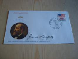 Presidentti James A. Garfield, 1977, USA, ensipäiväkuori, FDC, hieno esim. lahjaksi. Katso myös muut kohteeni mm. noin 1 500 erilaista amerikkalaista