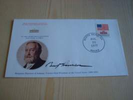 Presidentti Benjamin Harrison, 1977, USA, ensipäiväkuori, FDC, hieno esim. lahjaksi. Katso myös muut kohteeni mm. noin 1 500 erilaista amerikkalaista