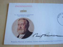 Presidentti Benjamin Harrison, 1977, USA, ensipäiväkuori, FDC, hieno esim. lahjaksi. Katso myös muut kohteeni mm. noin 1 500 erilaista amerikkalaista