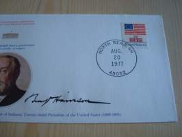 Presidentti Benjamin Harrison, 1977, USA, ensipäiväkuori, FDC, hieno esim. lahjaksi. Katso myös muut kohteeni mm. noin 1 500 erilaista amerikkalaista