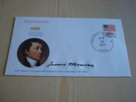 Presidentti James Monroe, 1977, USA, ensipäiväkuori, FDC, hieno esim. lahjaksi. Katso myös muut kohteeni mm. noin 1 500 erilaista amerikkalaista