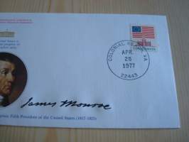Presidentti James Monroe, 1977, USA, ensipäiväkuori, FDC, hieno esim. lahjaksi. Katso myös muut kohteeni mm. noin 1 500 erilaista amerikkalaista