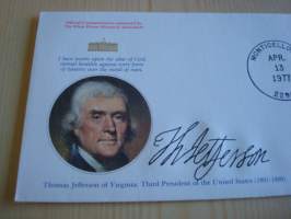 Presidentti Thomas Jefferson, 1977, USA, ensipäiväkuori, FDC, hieno esim. lahjaksi. Katso myös muut kohteeni mm. noin 1 500 erilaista amerikkalaista