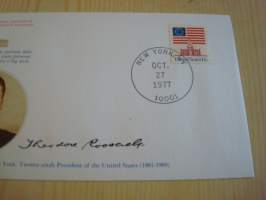 Presidentti Theodore Roosevelt, 1977, USA, ensipäiväkuori, FDC, hieno esim. lahjaksi. Katso myös muut kohteeni mm. noin 1 500 erilaista amerikkalaista