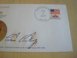 Presidentti Calvin Coolidge, 1977, USA, ensipäiväkuori, FDC, hieno esim. lahjaksi. Katso myös muut kohteeni mm. noin 1 500 erilaista amerikkalaista