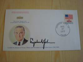 Presidentti Lyndon B. Johnson, 1977, USA, ensipäiväkuori, FDC, hieno esim. lahjaksi. Katso myös muut kohteeni mm. noin 1 500 erilaista amerikkalaista