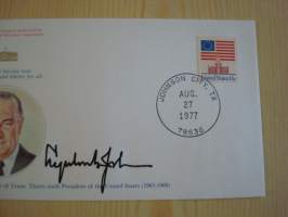 Presidentti Lyndon B. Johnson, 1977, USA, ensipäiväkuori, FDC, hieno esim. lahjaksi. Katso myös muut kohteeni mm. noin 1 500 erilaista amerikkalaista