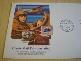 Classic Mail Transportation, lentokone, 1989, USA, ensipäiväkuori, FDC, hieno esim. lahjaksi. Katso myös muut kohteeni mm. noin 1 500 erilaista amerikkalaista