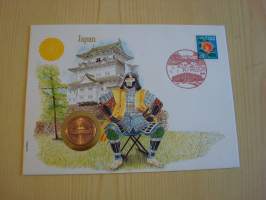 Samurai, 1990, Japani, numismatiikka-ensipäivänkuori, FDC, hieno esim. lahjaksi. Katso myös muut kohteeni mm. noin 1 500 erilaista amerikkalaista