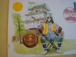 Samurai, 1990, Japani, numismatiikka-ensipäivänkuori, FDC, hieno esim. lahjaksi. Katso myös muut kohteeni mm. noin 1 500 erilaista amerikkalaista