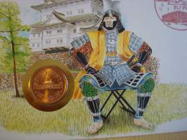 Samurai, 1990, Japani, numismatiikka-ensipäivänkuori, FDC, hieno esim. lahjaksi. Katso myös muut kohteeni mm. noin 1 500 erilaista amerikkalaista