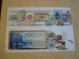 Suomalaisia seteleitä, 100-vuotta suomalaista setelipainatusta, 1985, Suomi, ensipäivänkuori, FDC, huom. kuoren koko noin 18 cm x 26 cm eli huomattavasti isompi
