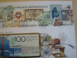 Suomalaisia seteleitä, 100-vuotta suomalaista setelipainatusta, 1985, Suomi, ensipäivänkuori, FDC, huom. kuoren koko noin 18 cm x 26 cm eli huomattavasti isompi
