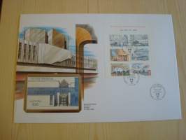 Alvar Aalto, Finlandia-talo, Suomalaista arkkitehtuuria, 1986, Suomi, ensipäivänkuori, FDC, huom. kuoren koko noin 18 cm x 26 cm eli huomattavasti isompi kuin
