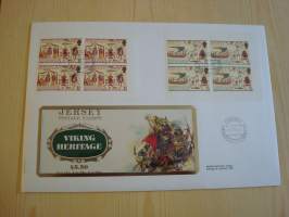 Viikinki, Viking Heritage, 1987, Jersey, ensipäivänkuori, FDC, huom. kuoren koko noin 18 cm x 26 cm eli huomattavasti isompi kuin normaali ensipäivänkuori,