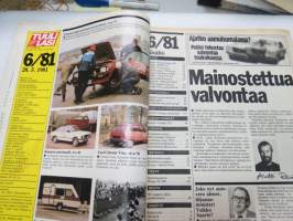 Tuulilasi 1981 nr 6, sisältää mm. seur. artikkelit / kuvat / mainokset; Renault Fuego TX koeajo, Autolomalle junalla, Suomen lupaavin tallikuski Sami Pensala,