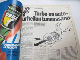 Tuulilasi 1981 nr 6, sisältää mm. seur. artikkelit / kuvat / mainokset; Renault Fuego TX koeajo, Autolomalle junalla, Suomen lupaavin tallikuski Sami Pensala,