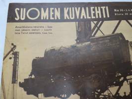 Suomen Kuvalehti 1948 nr 14, ilmestynyt 3.4.1948,  sis. mm. seur. artikkelit / kuvat / mainokset; Kansikuva Tela - &quot;Amerikkalaisia vetureita &amp; Suomen väkevin