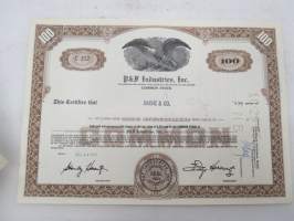 P &amp; F Industries, Inc., 100 shares, nr C 212, 1963 -share certificate / osakekirja