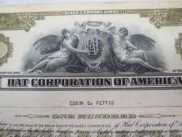 Hat Corporation of America, 100 shares, nr A3356, 1936 -share certificate / osakekirja
