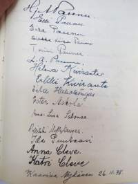Vieraskirja alkaen 24.11.1938 - päättyen 7.6.1959, mahdollisesti diakonissan Lempi Ranki?, paljon tervehdyksiä ja nimikirjoituksia -guest book