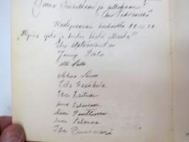 Vieraskirja alkaen 24.11.1938 - päättyen 7.6.1959, mahdollisesti diakonissan Lempi Ranki?, paljon tervehdyksiä ja nimikirjoituksia -guest book